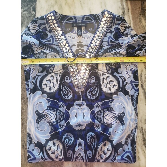INC Blouse Women S Blue Paisley Sheer Sequins 3/4 Sleeves V Neck w/Camisole - Picture 15 of 16